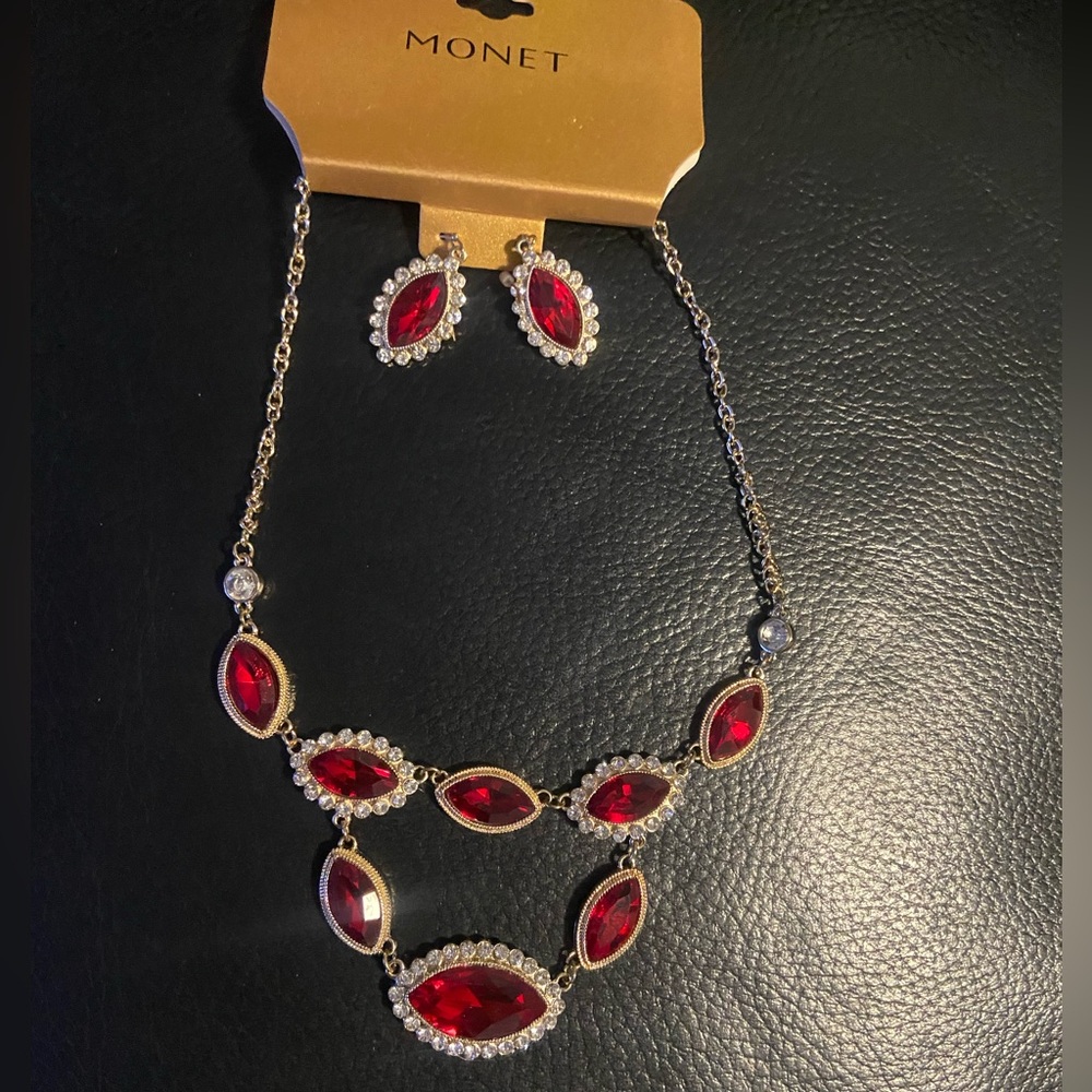 Monet Red Gold Tone Red glass Rhinestone Set Necklace with Earrings